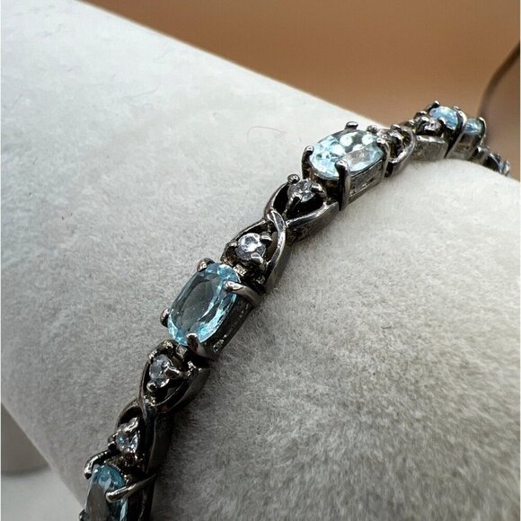 925 Sterling Silver Blue Topaz & Cubic Zirconia Bracelet.  B46 - Picture 3 of 14